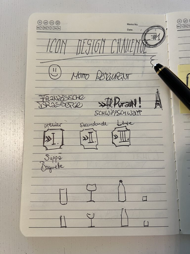 It is a picture of my sketchbook that shows first ideas for my iconset. you can see also busswords like french brasserie or restaurant that led me to my ideas.