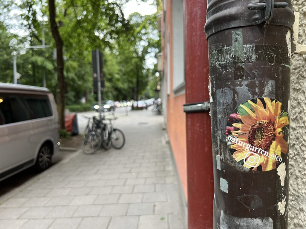 the photograph shows a street but only the vertical rain gutter of a house is in focus on the right side. there is a huge sticker with a big flower on it. it appears, as if the flower would bloom out of the wall corner.