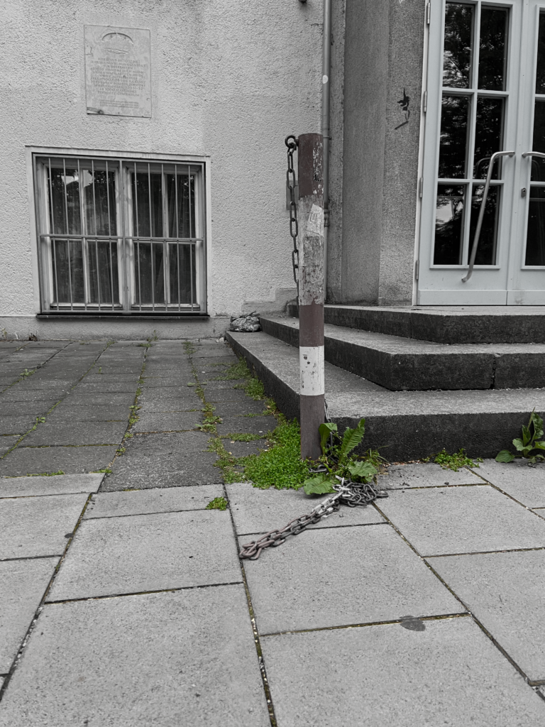 the photograph shows a black and white urban scene. a parking slot and some stairs into a building (school). only next to a pole there are some grass and dandelion leafes, which brings some colour in the overall contrete scenery.